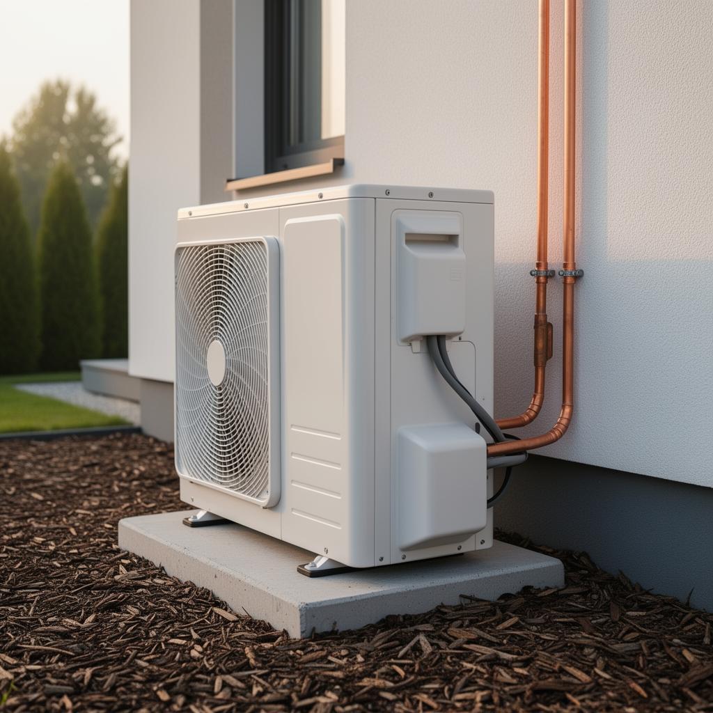 Modern high-efficiency heat pump outdoor unit installed at a Bay Area home