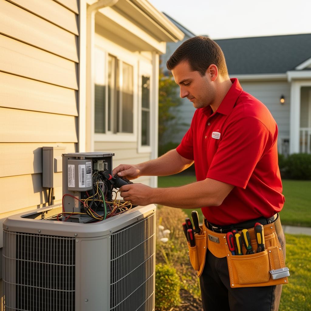 Therma Tech HVAC technician servicing an AC unit